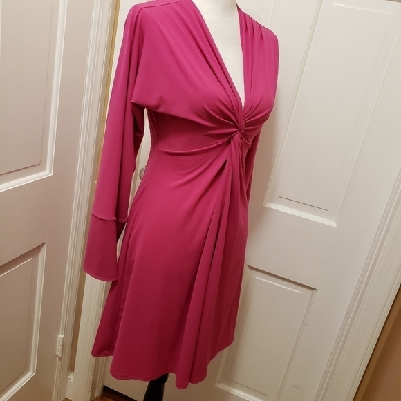 Moda International Women's Pink V-Neck Long Sleeve A-Line Pleated Dress … - Picture 7 of 12